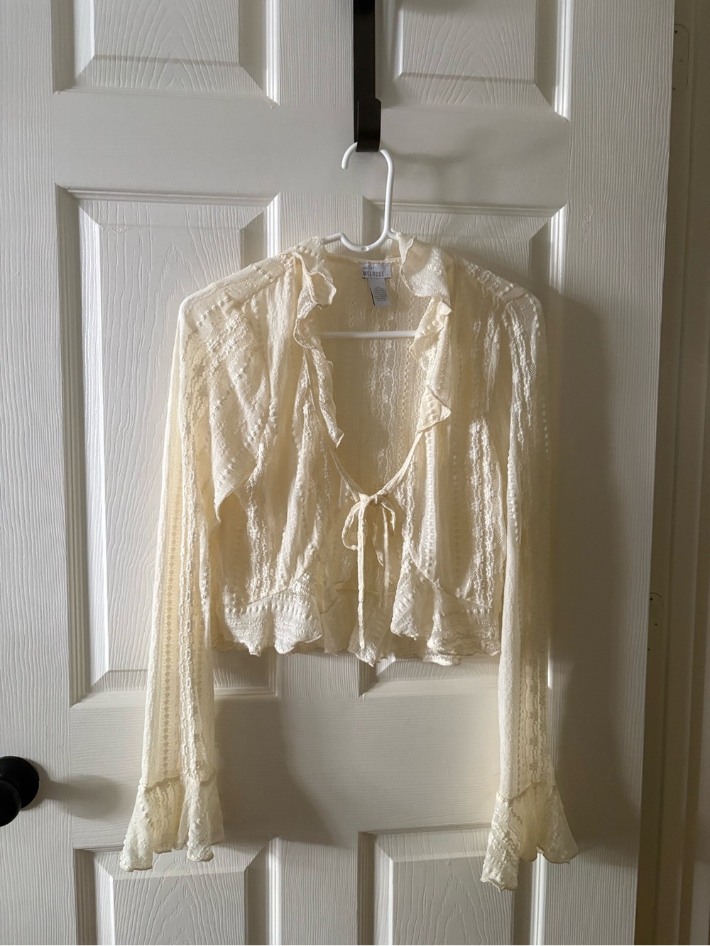 Sheer Ruffle Tie-Front Romantic Feminine Cardigan in Cream Ivory